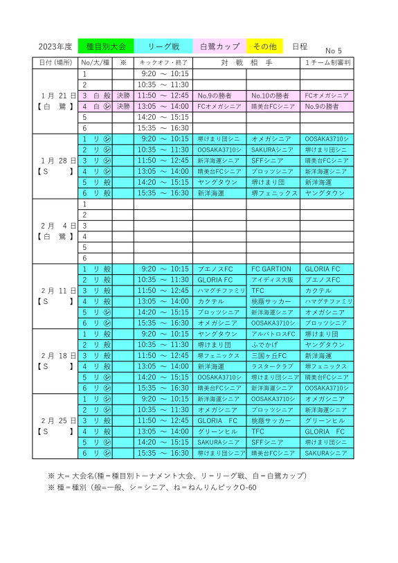 ⑤ 試合日程1/21-2/25